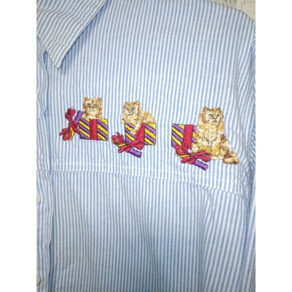 VTG Kitten Button Up Shirt Women Large White Embroidered Striped Kitties Cat - Picture 2 of 5